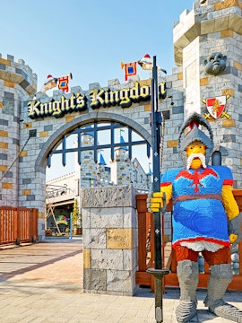 Knight's Kingdom entrance at Legoland Japan Theme Park with Lego knight statue.