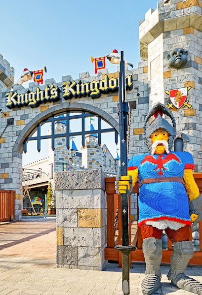 Knight's Kingdom entrance at Legoland Japan Theme Park with Lego knight statue.