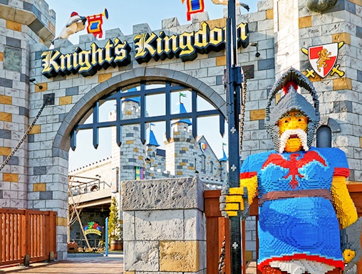 Knight's Kingdom entrance at Legoland Japan Theme Park with Lego knight statue.