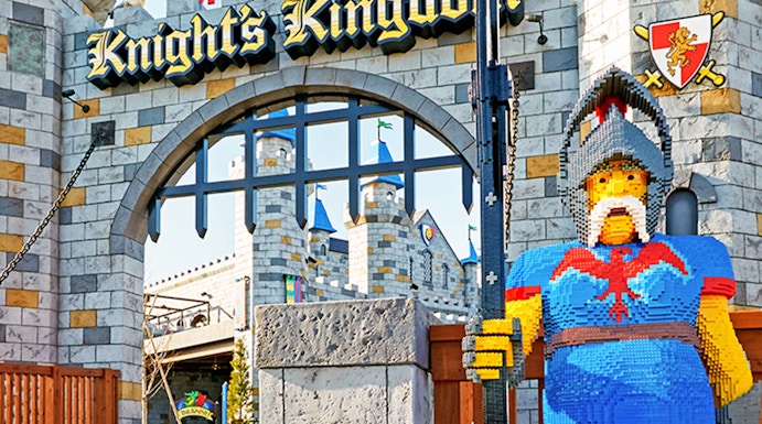 Knight's Kingdom entrance at Legoland Japan Theme Park with Lego knight statue.