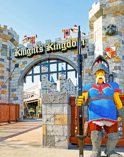 Knight's Kingdom entrance at Legoland Japan Theme Park with Lego knight statue.