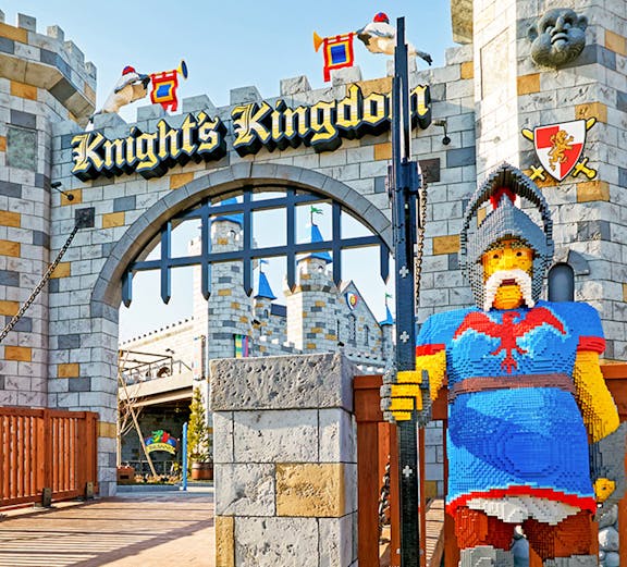 Knight's Kingdom entrance at Legoland Japan Theme Park with Lego knight statue.