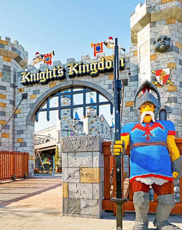 Knight's Kingdom entrance at Legoland Japan Theme Park with Lego knight statue.