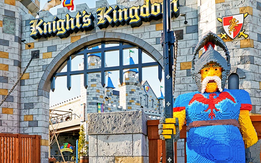 Knight's Kingdom entrance at Legoland Japan Theme Park with Lego knight statue.