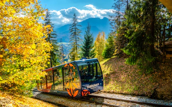 Cable car ascending through autumn forest in Zakopane during private day trip from Krakow.