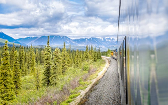 Alaska Railroad train traveling through forested mountains.