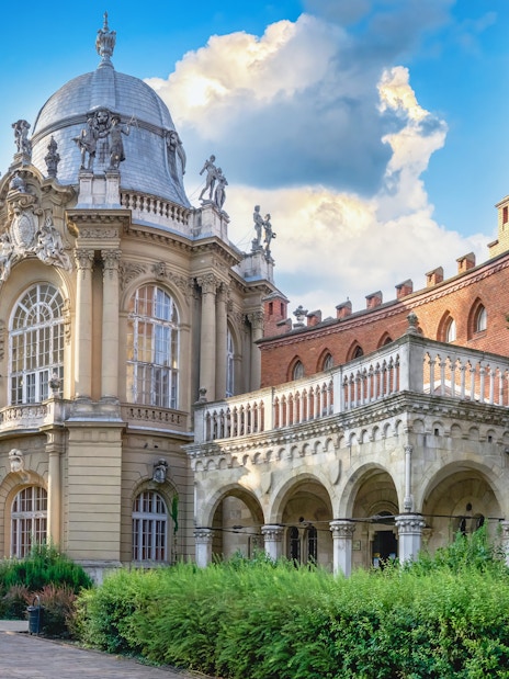 Vajdahunyad Castle Museum facade in Budapest, Hungary, showcasing ornate architecture.