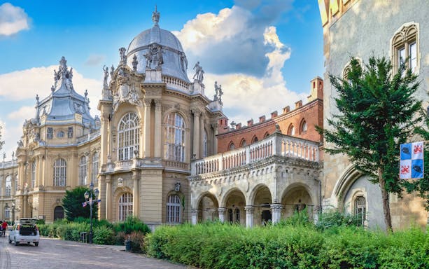 Vajdahunyad Castle Museum facade in Budapest, Hungary, showcasing ornate architecture.