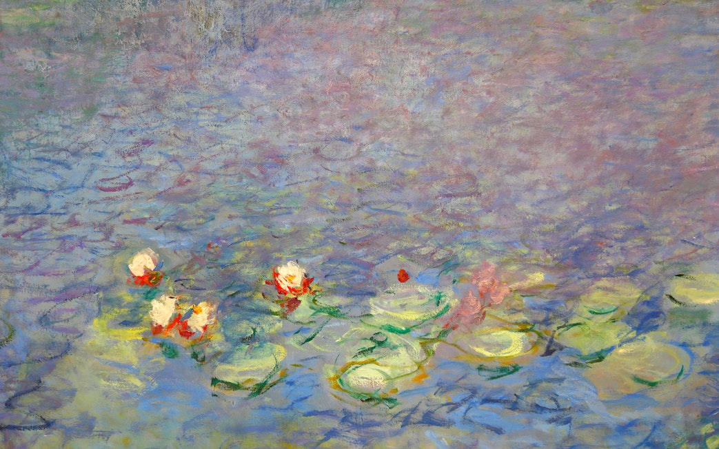 Water lilies on a pond in Claude Monet's painting.
