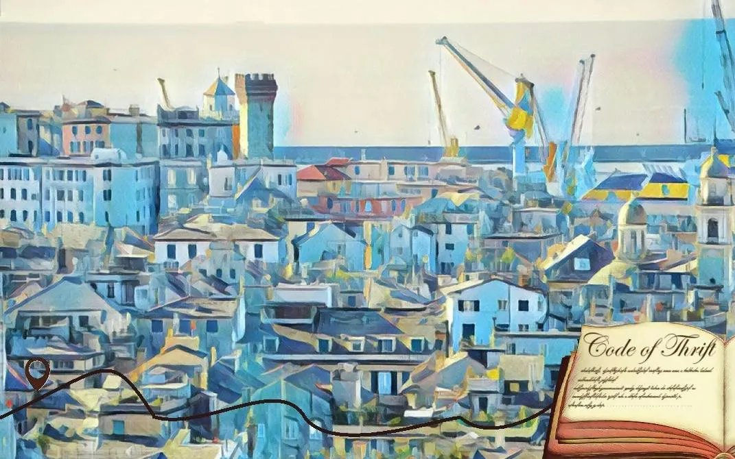 Genoa cityscape with historic buildings and cranes, part of the self-guided exploration game.