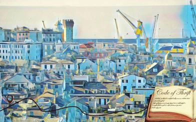 Genoa cityscape with historic buildings and cranes, part of the self-guided exploration game.