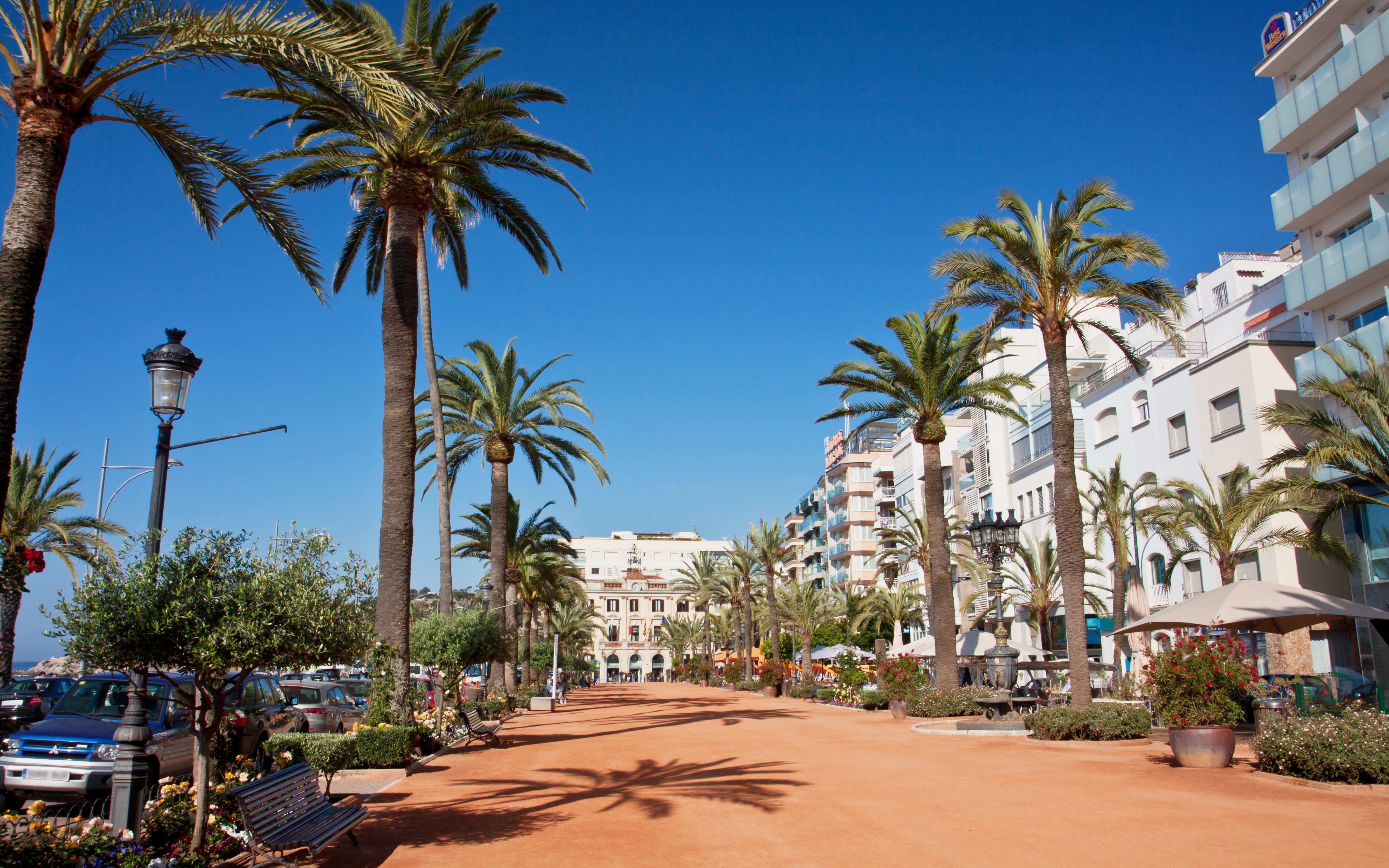 Seafront promenade with palm trees and buildings in Lloret de Mar, Spain.