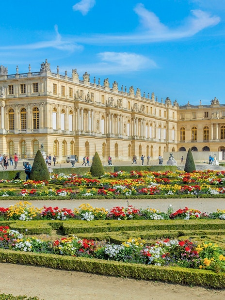 Palace of Versailles with ornate architecture and expansive gardens in France.