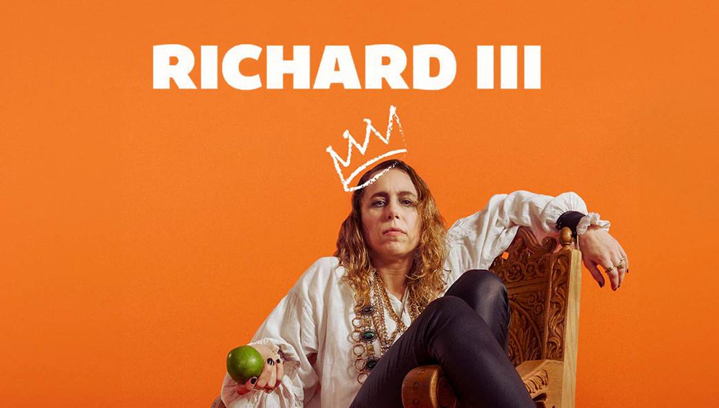 Person in a white shirt holding an apple, seated on a carved chair, with "Richard III" text above.