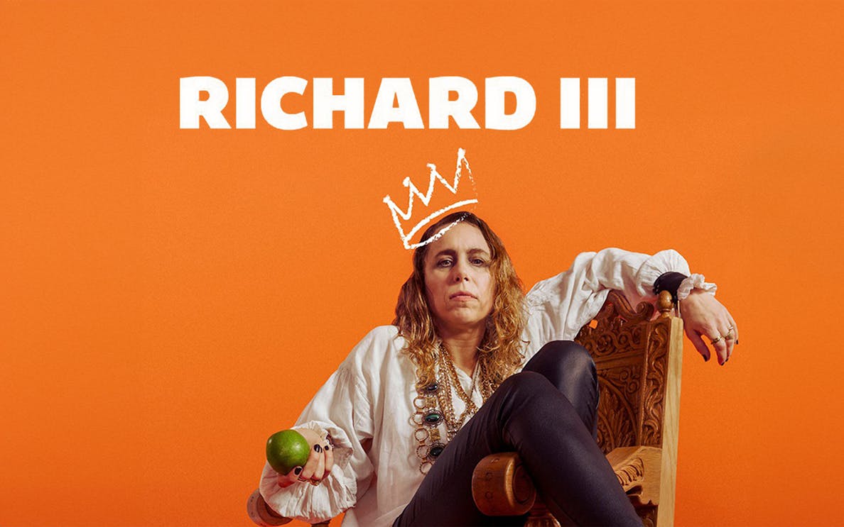 Person in a white shirt holding an apple, seated on a carved chair, with "Richard III" text above.