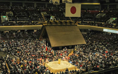 Grand Sumo Tournament in Tokyo with a crowded stadium and sumo wrestlers in the ring.