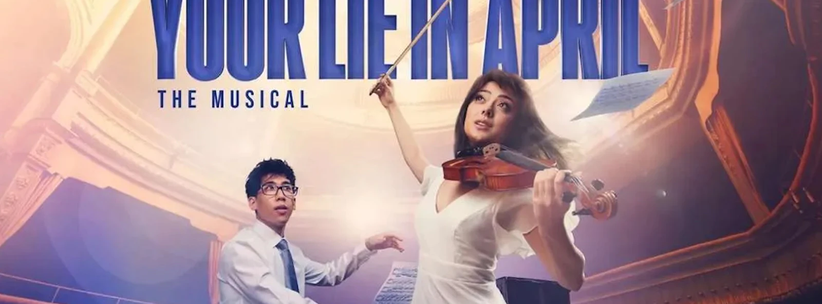 Musical performance of "Your Lie in April" with pianist and violinist on stage.