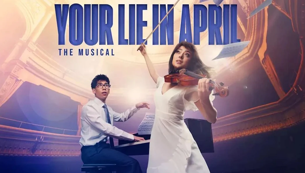 Musical performance of "Your Lie in April" with pianist and violinist on stage.