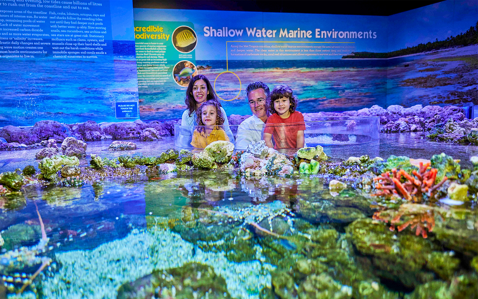 Family exploring coral exhibit at Cairns Aquarium's Living Coral Biobank Tour.