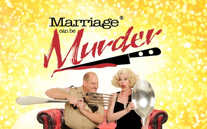 Interactive comedy show "Marriage Can Be Murder" with actors holding oversized utensils.