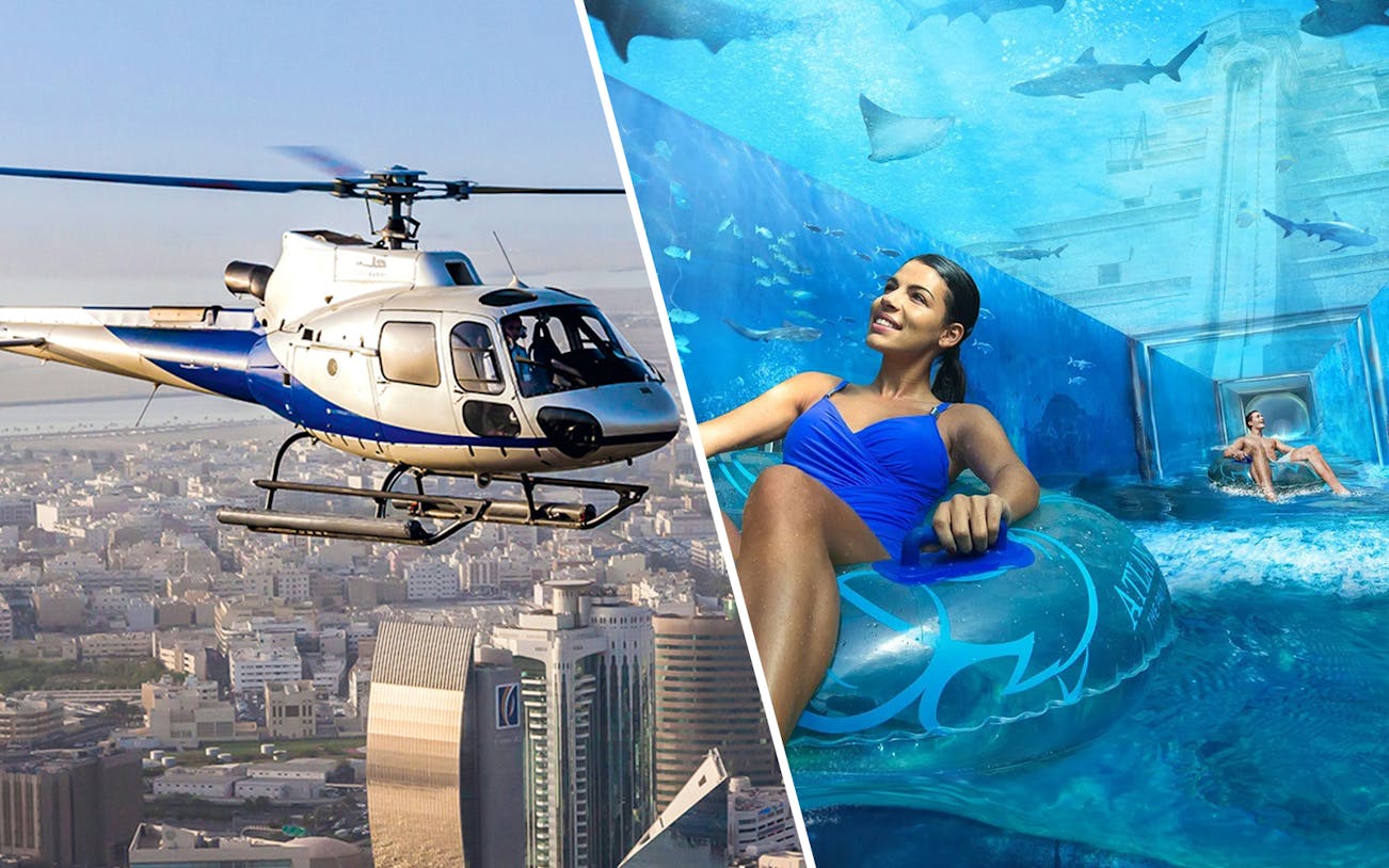 Helicopter flying over cityscape and people enjoying water slide at Aquaventure Waterpark.