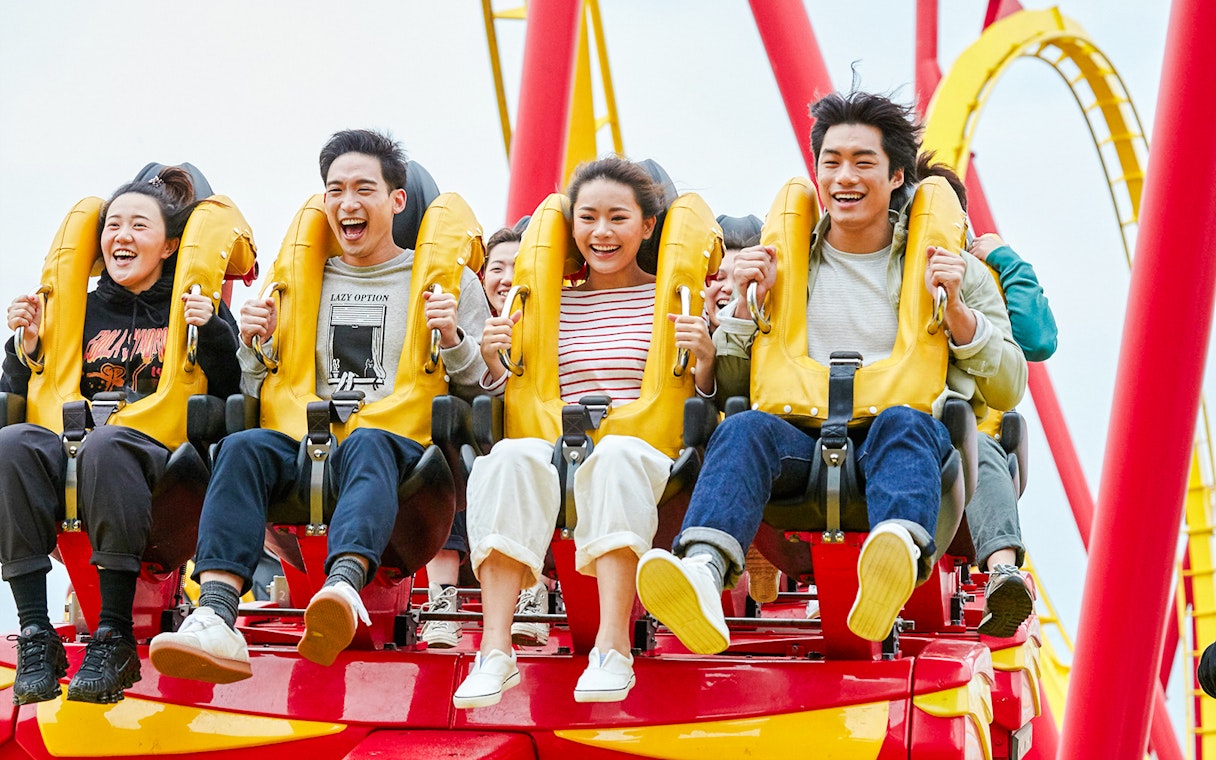 Riders enjoying the Hair Raiser roller coaster at Ocean Park Hong Kong.