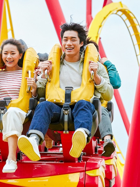 Riders enjoying the Hair Raiser roller coaster at Ocean Park Hong Kong.