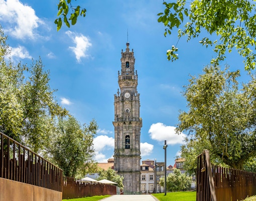 Clerigos Tower in Porto with cityscape view in the background.
