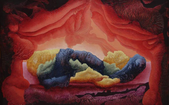 Surreal landscape with vibrant colors in "Alcove" by Ithell Colquhoun.