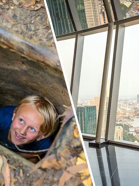 Tourist exploring Cu Chi tunnels and view from Landmark 81 Saigon Skyview.