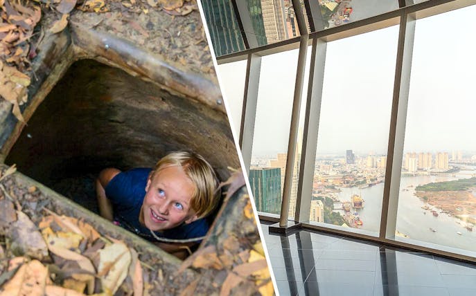 Tourist exploring Cu Chi tunnels and view from Landmark 81 Saigon Skyview.