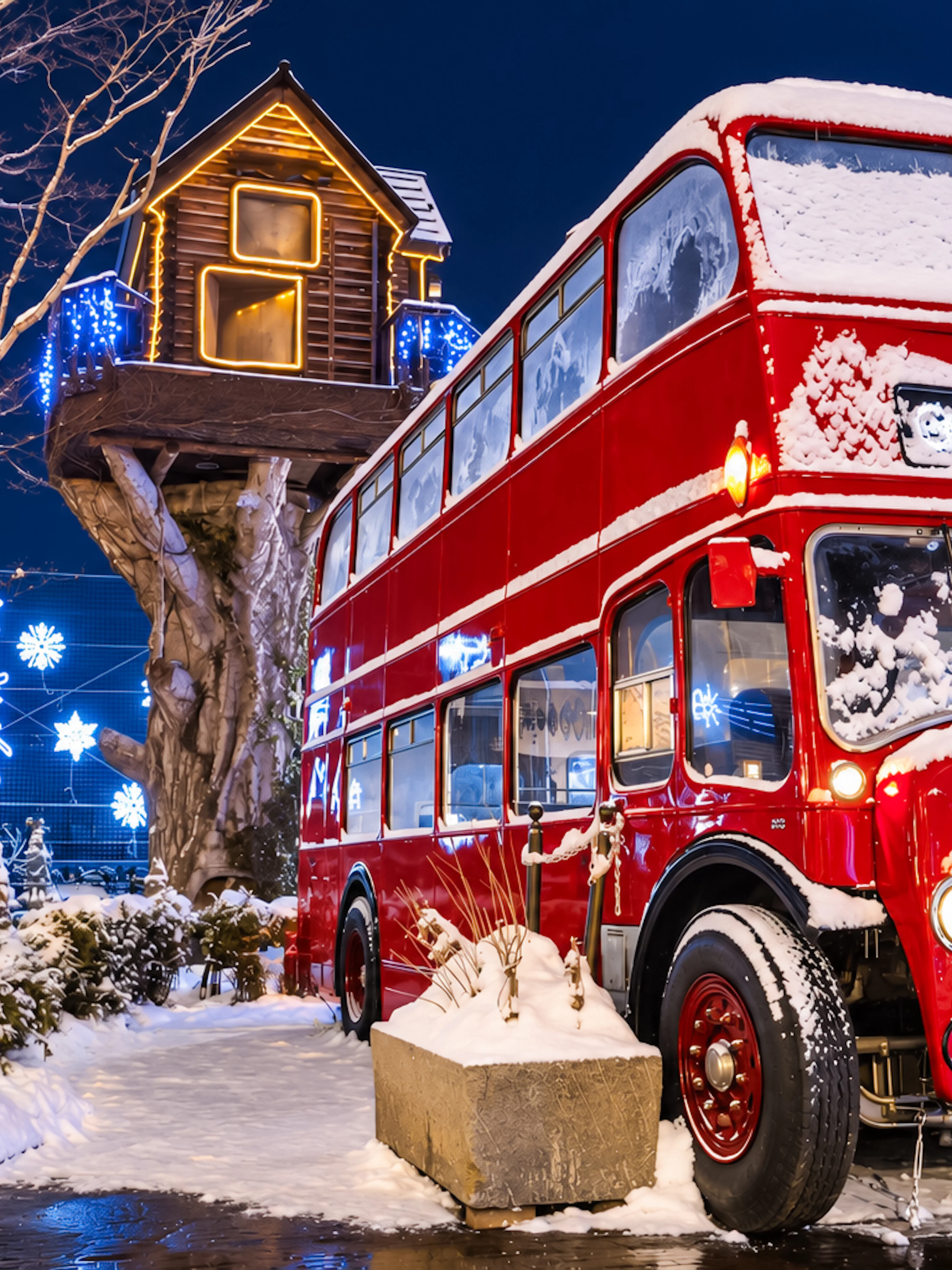 Red double-decker bus covered in snow near illuminated treehouse, Hokkaido winter tour.