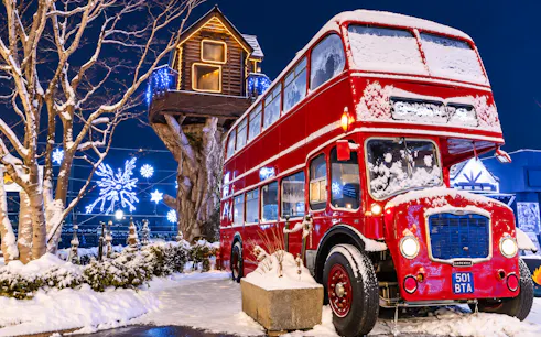 Red double-decker bus covered in snow near illuminated treehouse, Hokkaido winter tour.