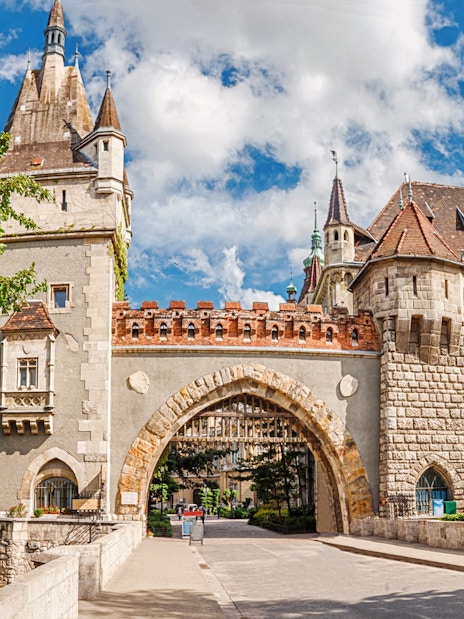 Vajdahunyad Castle entrance gate with lion statue, Budapest, Hungary.