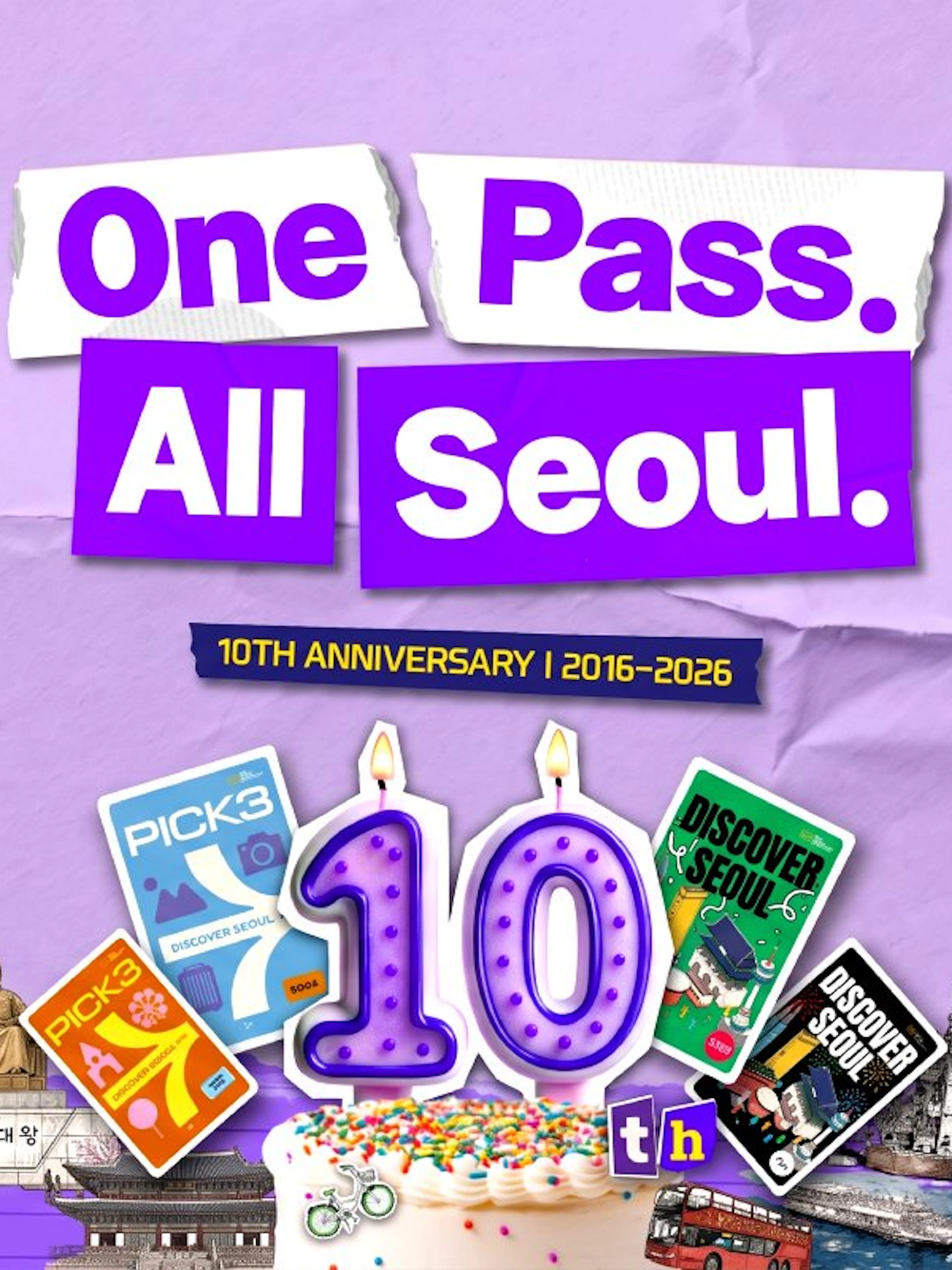 10th anniversary of Discover Seoul Pass with iconic landmarks and tour cards.