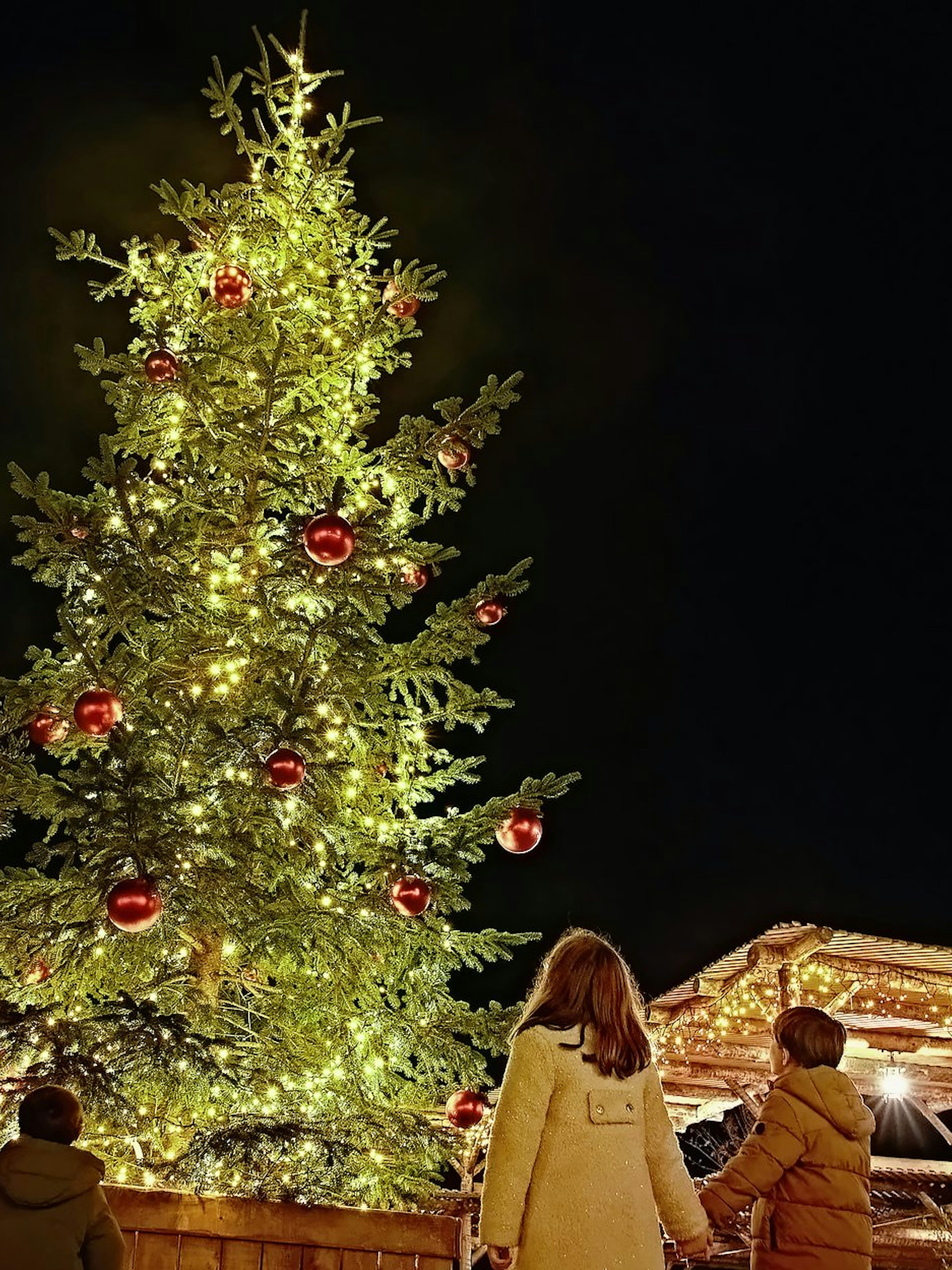 Christmas tree with lights and red ornaments at Puy du Fou España, children looking up.