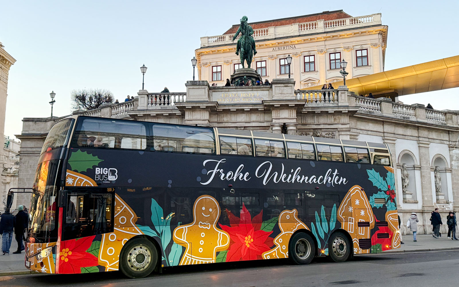 Big Bus decorated for Christmas in front of the Albertina Museum, Vienna.