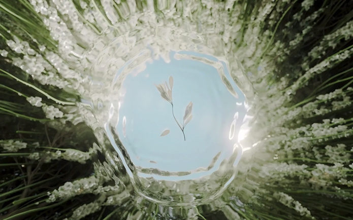 Abstract floral artwork at Moco Amsterdam with green and white elements.