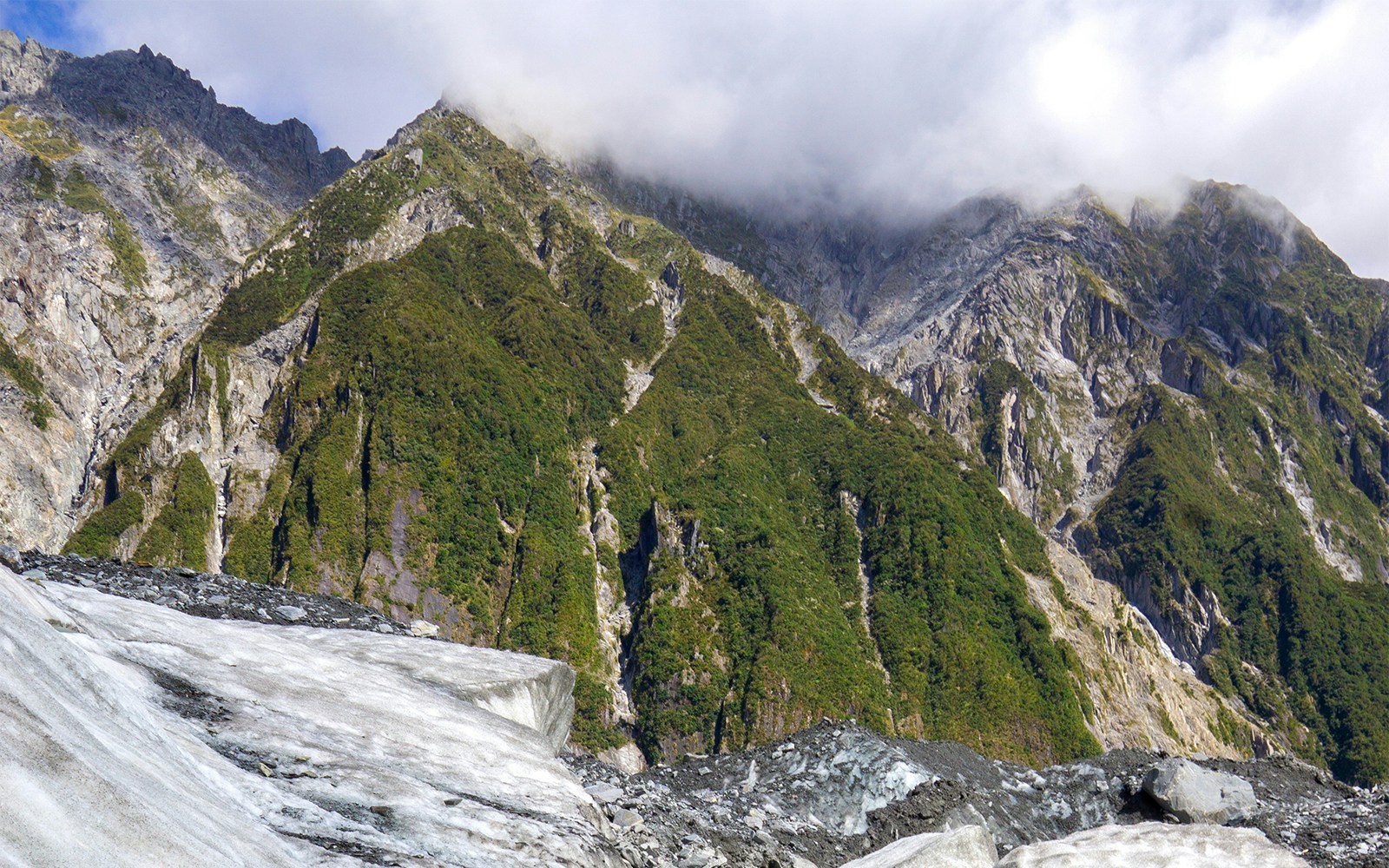Franz Josef Glacier ice and rocky mountain landscape in New Zealand's South Island.