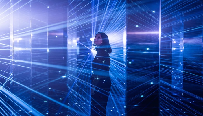 ArtScience Museum exhibit with reflective mirrors and abstract patterns, Singapore.