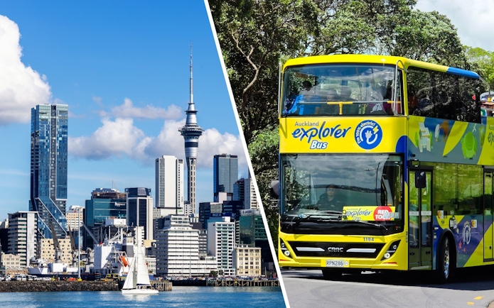 Auckland Explorer Bus with city skyline and Sky Tower in the background.