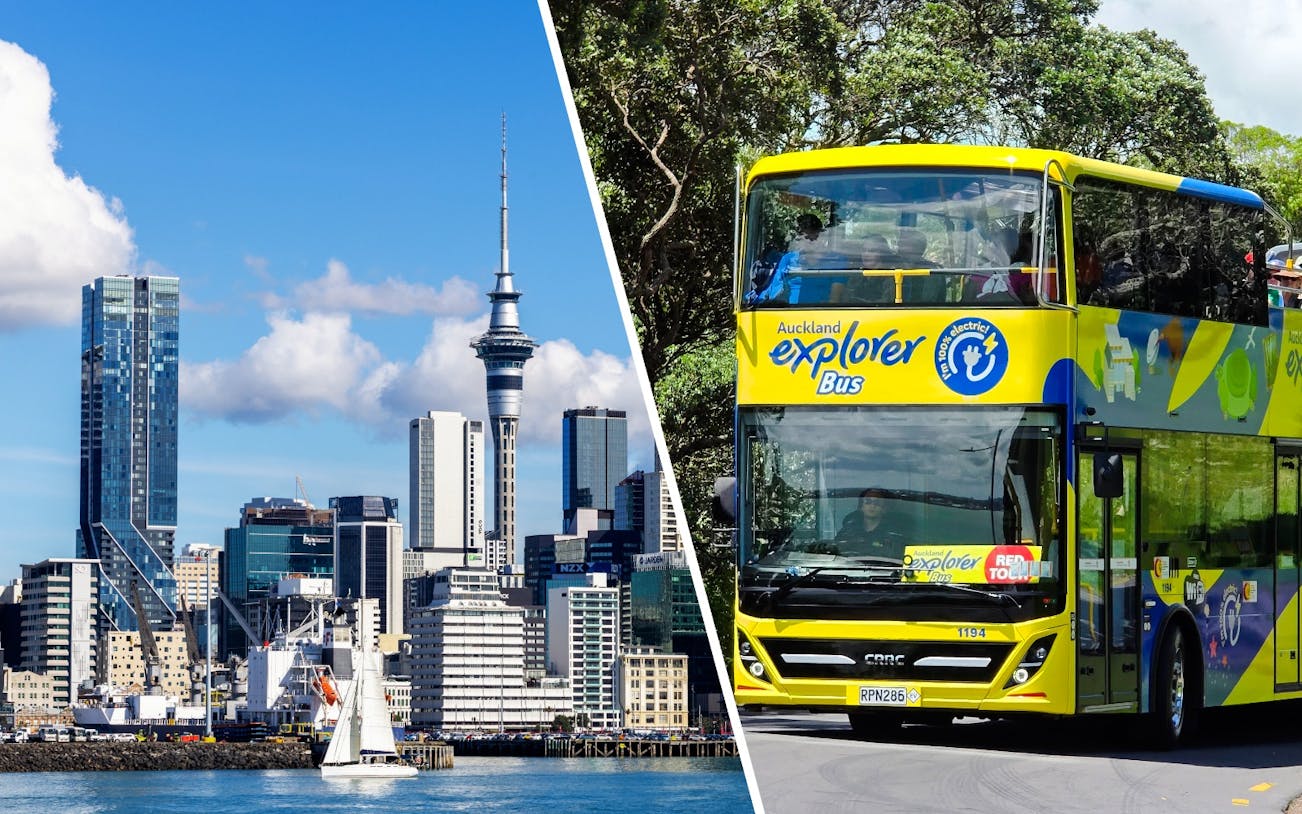 Auckland Explorer Bus with city skyline and Sky Tower in the background.