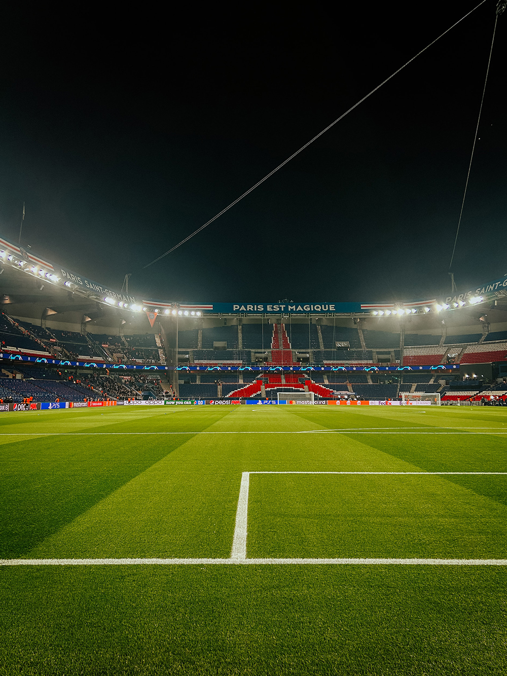 PSG Stadium field view during a tour at Parc des Princes, Paris.