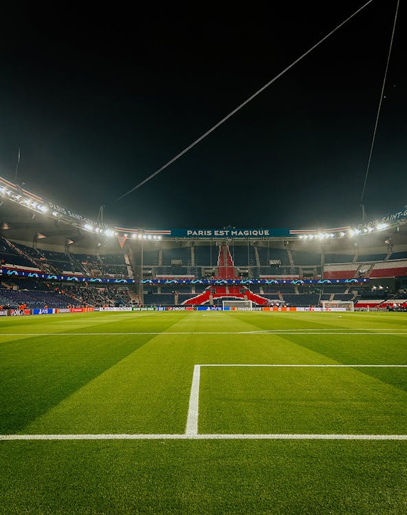 PSG Stadium field view during a tour at Parc des Princes, Paris.