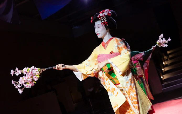 Geisha performing traditional dance with cherry blossoms in Kyoto.