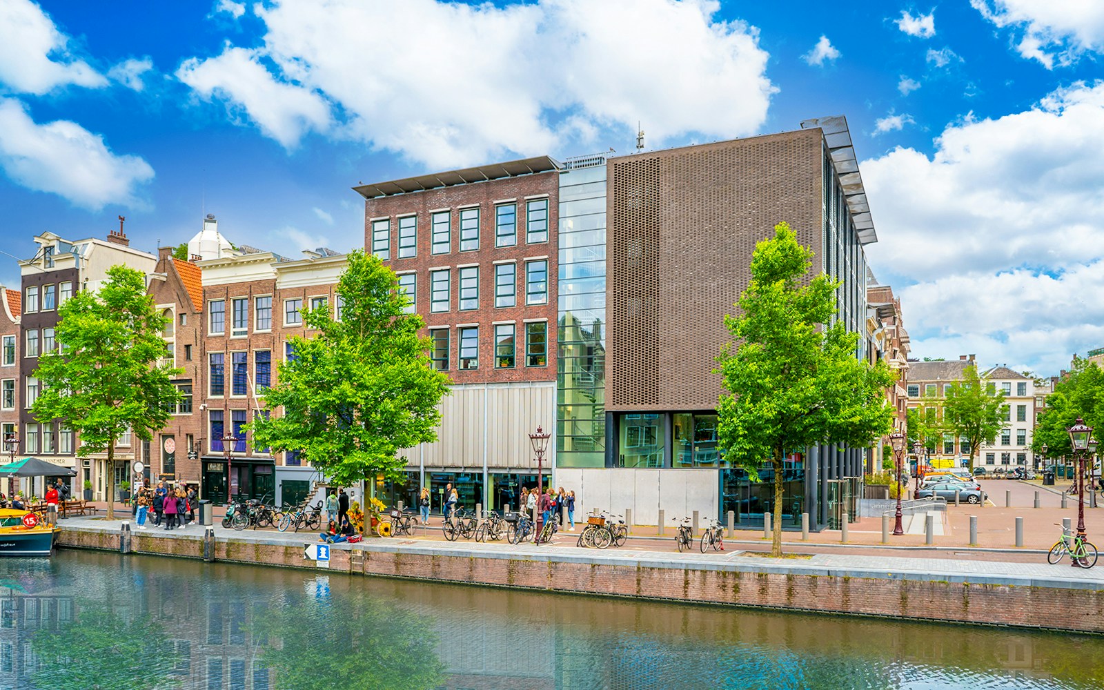 Anne Frank House along the canal in Amsterdam, Netherlands.