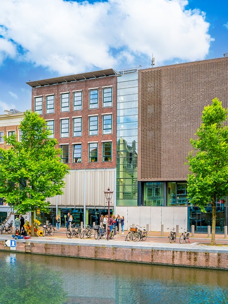 Anne Frank House along the canal in Amsterdam, Netherlands.