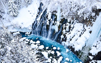Snow-covered waterfall and blue pond in Hokkaido during the Sapporo: Asahiyama Zoo, Blue Pond & Ningle Terrace Tour.