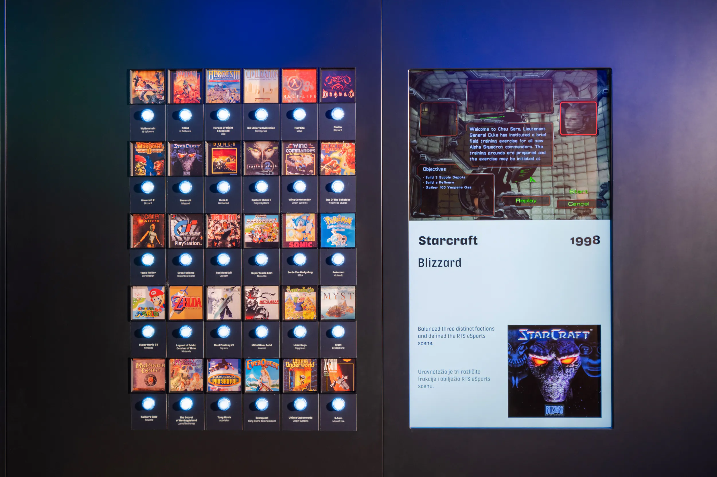 Display of classic video game covers and Starcraft exhibit at Video Game History Museum, Zagreb.