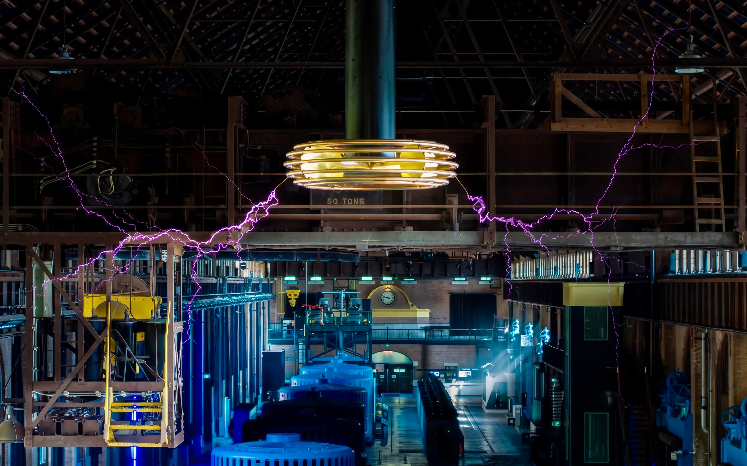 Niagara Parks Power Station interior with visible coil and electrical arcs.